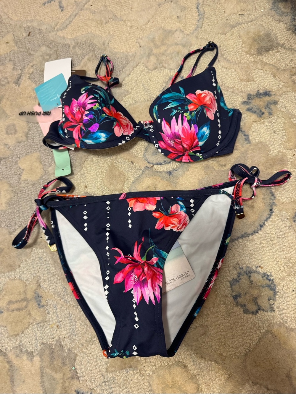 NWT SUNSEEKER Women’s Navy Floral Push-Up Bikini Set - Pink & Teal Flowers